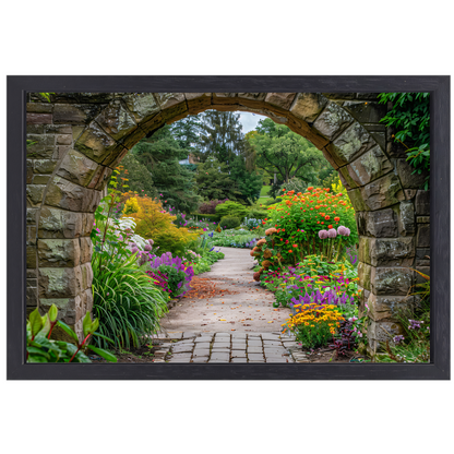 Kleurrijke Tuin door Stenen Boog canvas met baklijst