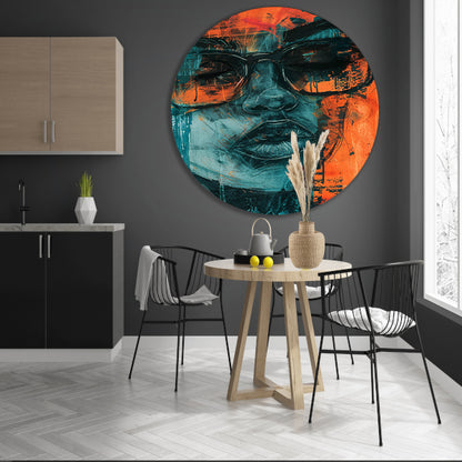 Kleurrijk expressief portret van vrouw met bril aluminium muurcirkel