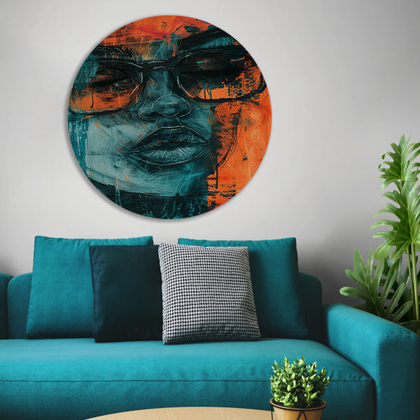Kleurrijk expressief portret van vrouw met bril aluminium muurcirkel