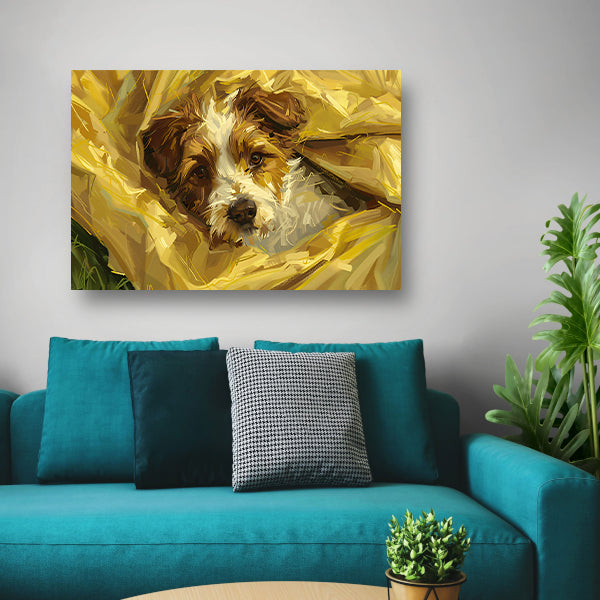 Geborgen hond genesteld in zachte doeken canvas