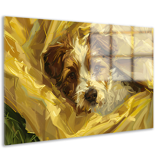 Geborgen hond genesteld in zachte doeken acrylglas