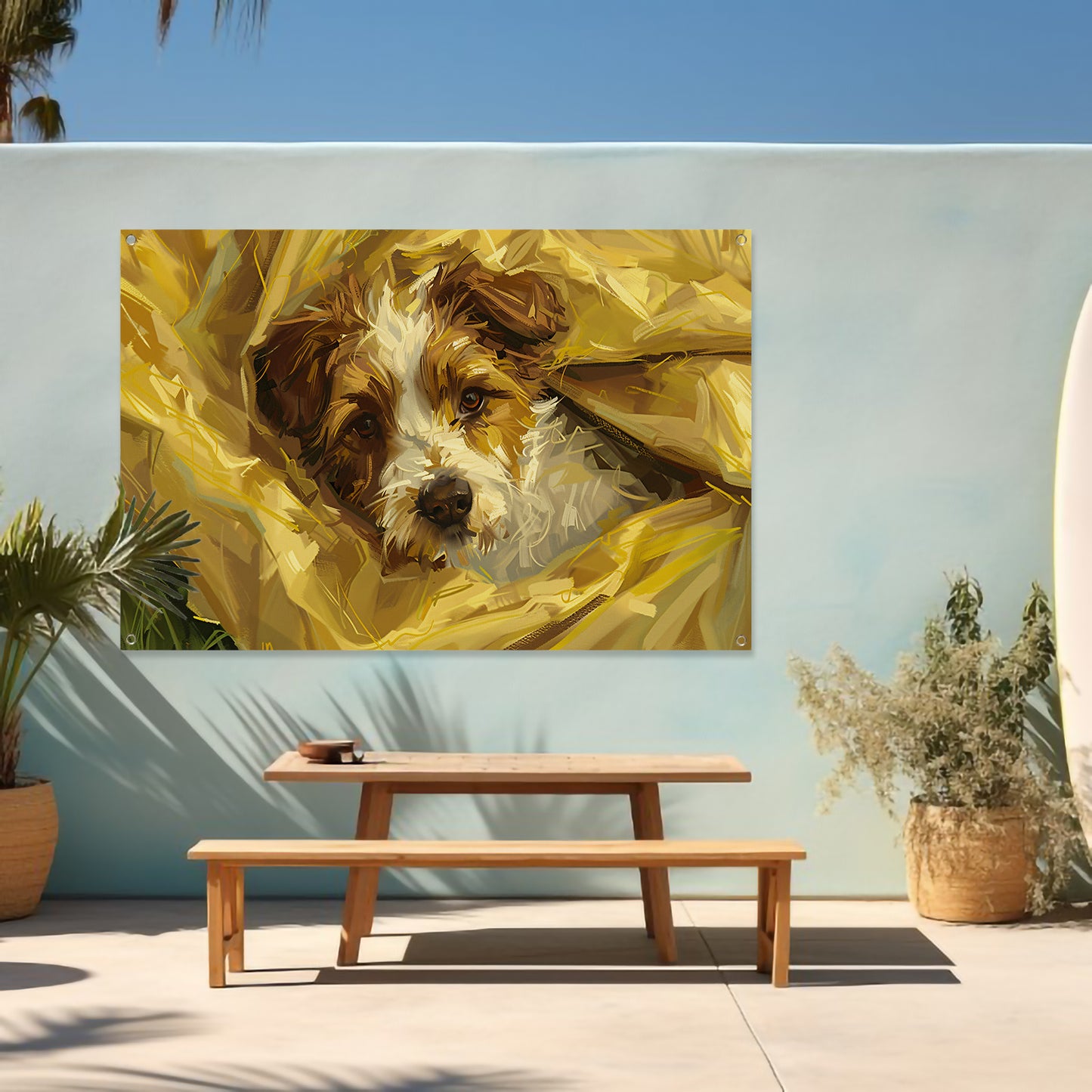 Geborgen hond genesteld in zachte doeken tuinposter