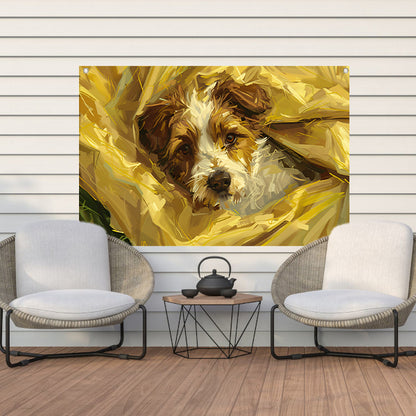 Geborgen hond genesteld in zachte doeken tuinposter