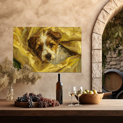Geborgen hond genesteld in zachte doeken tuinposter