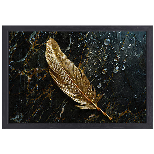 Gouden veer met waterdruppels op donker marmer canvas met baklijst