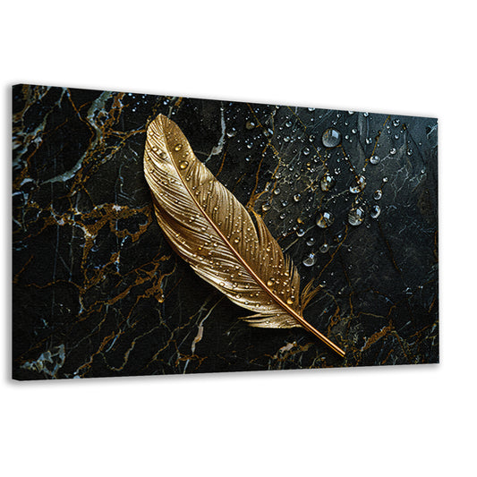 Gouden veer met waterdruppels op donker marmer canvas