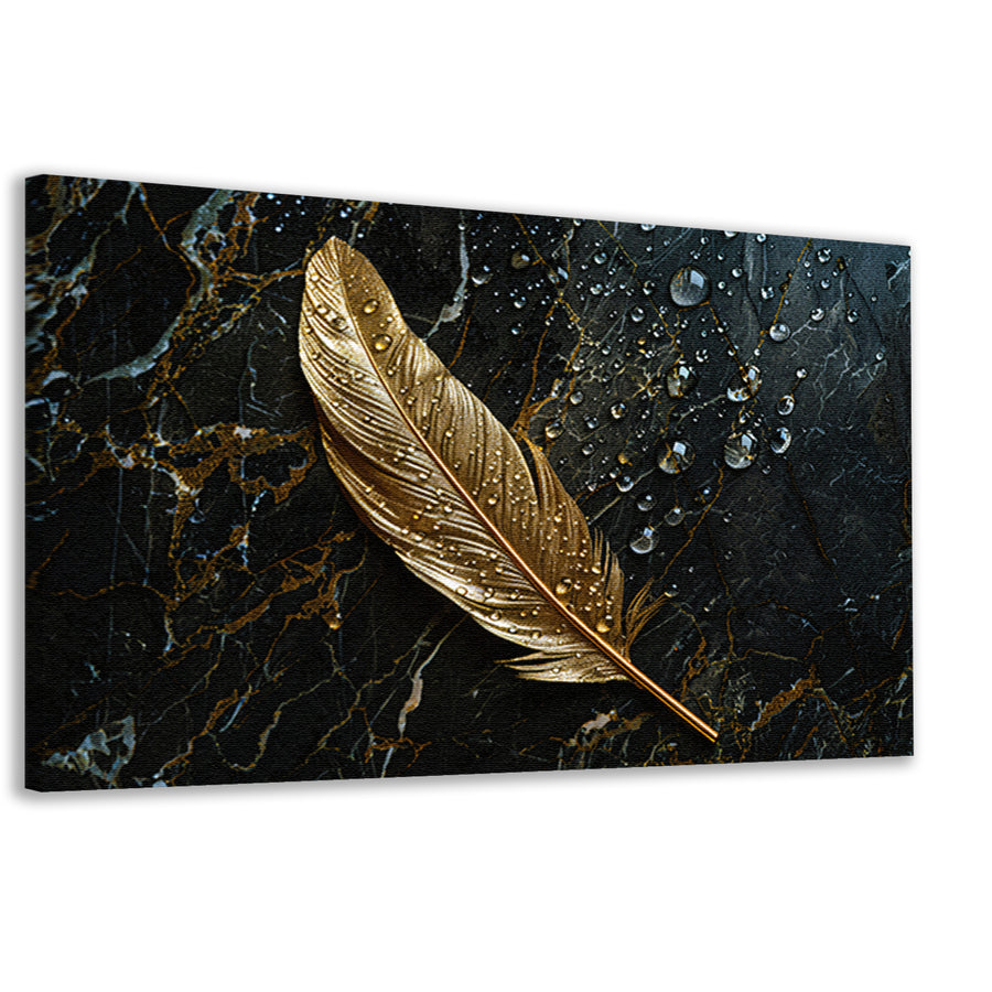 Gouden veer met waterdruppels op donker marmer canvas
