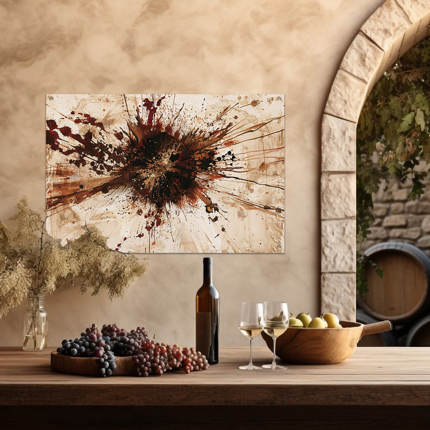 Dynamische abstracte verfexplosie in aardetinten tuinposter