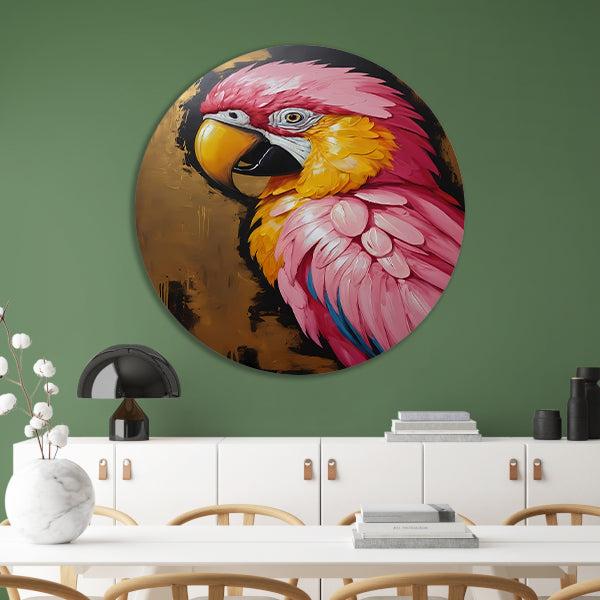 Gouden Glorie: Levendige Papegaai in Olieverf aluminium muurcirkel