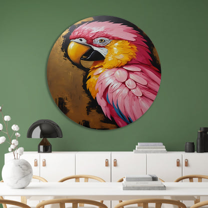 Gouden Glorie: Levendige Papegaai in Olieverf aluminium muurcirkel