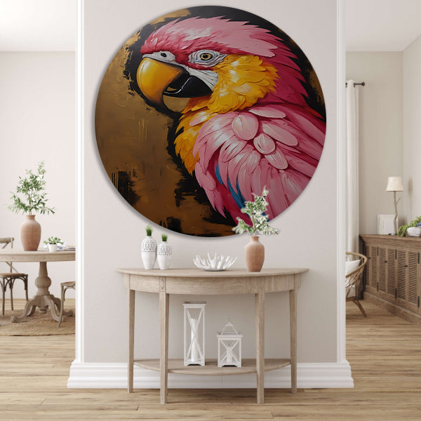Gouden Glorie: Levendige Papegaai in Olieverf aluminium muurcirkel