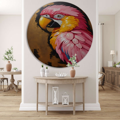 Gouden Glorie: Levendige Papegaai in Olieverf aluminium muurcirkel