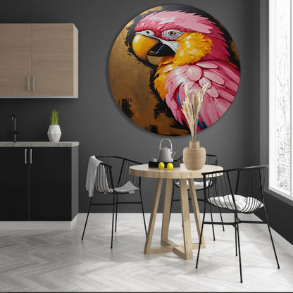 Gouden Glorie: Levendige Papegaai in Olieverf aluminium muurcirkel