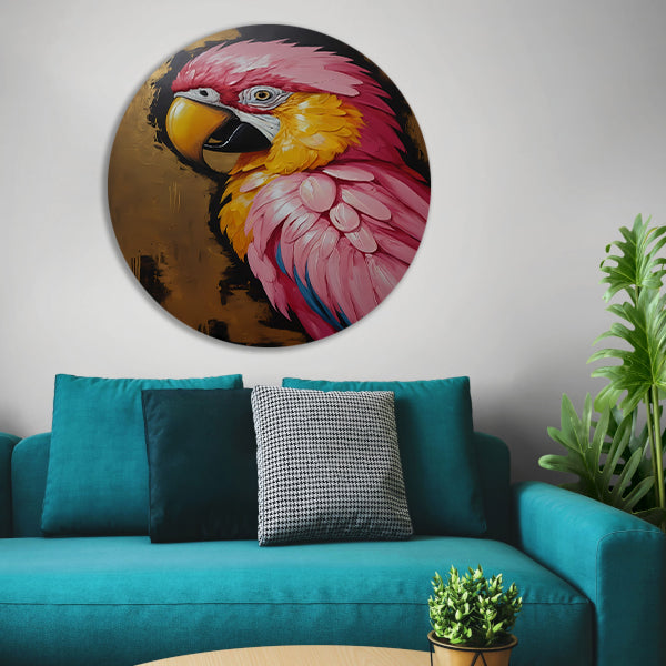 Gouden Glorie: Levendige Papegaai in Olieverf aluminium muurcirkel