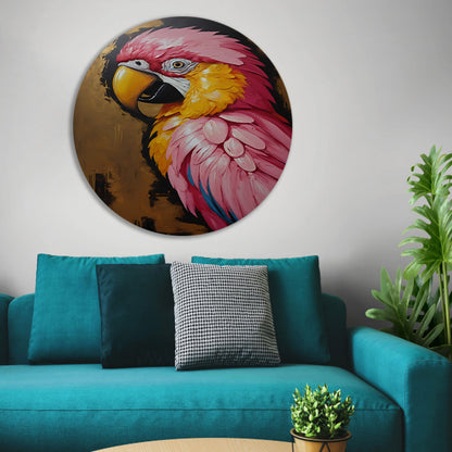 Gouden Glorie: Levendige Papegaai in Olieverf aluminium muurcirkel