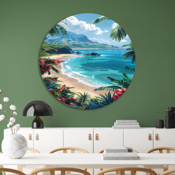 Tropisch strand met azuurblauwe zee aluminium muurcirkel