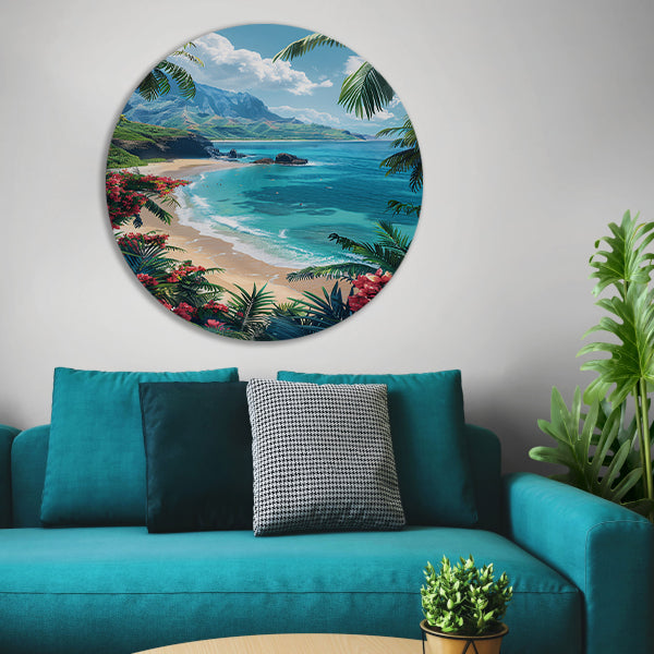 Tropisch strand met azuurblauwe zee aluminium muurcirkel