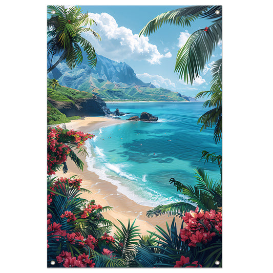 Tropisch strand met azuurblauwe zee tuinposter