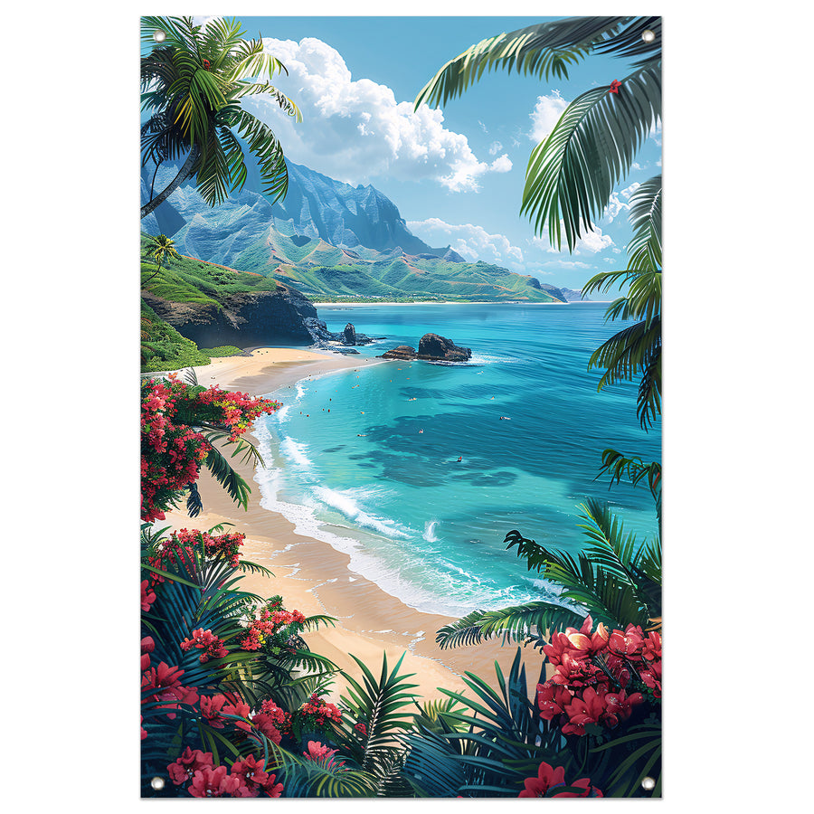 Tropisch strand met azuurblauwe zee tuinposter