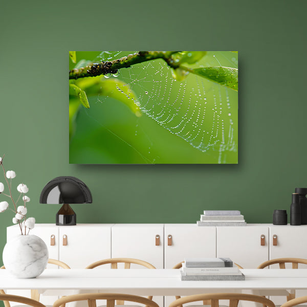 Close-up van dauw op spinnenweb met bladeren poster