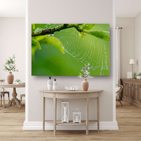 Close-up van dauw op spinnenweb met bladeren poster