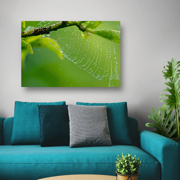 Close-up van dauw op spinnenweb met bladeren poster