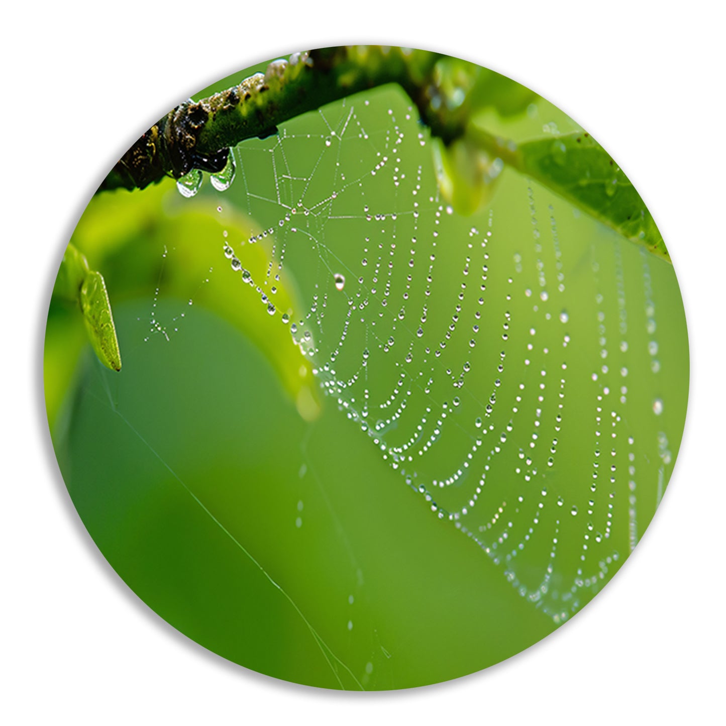 Close-up van dauw op spinnenweb met bladeren aluminium muurcirkel