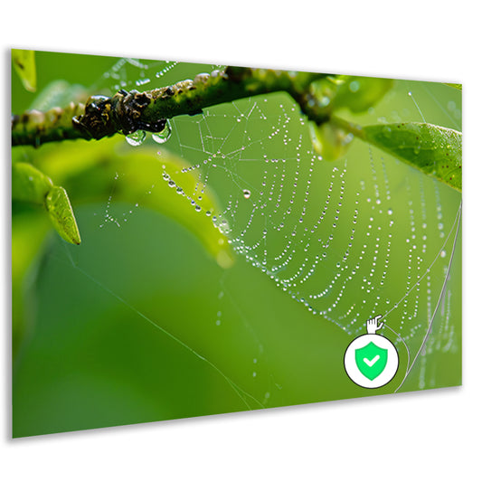 Close-up van dauw op spinnenweb met bladeren poster