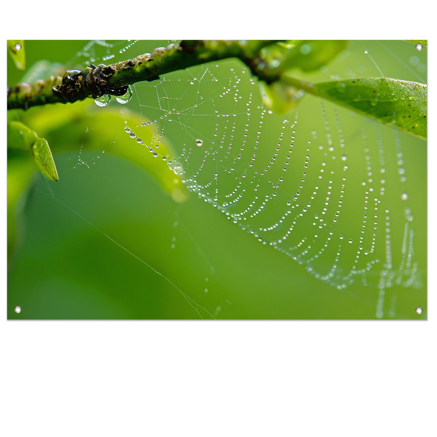 Close-up van dauw op spinnenweb met bladeren tuinposter