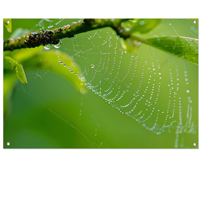 Close-up van dauw op spinnenweb met bladeren tuinposter