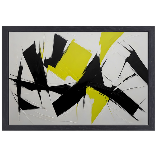 Zwart, wit en geel dynamisch abstract canvas met baklijst