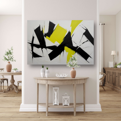 Zwart, wit en geel dynamisch abstract canvas