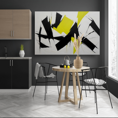 Zwart, wit en geel dynamisch abstract canvas