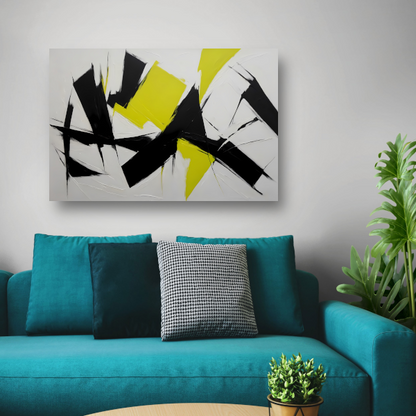 Zwart, wit en geel dynamisch abstract canvas
