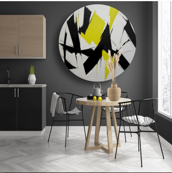 Zwart, wit en geel dynamisch abstract forex muurcirkel