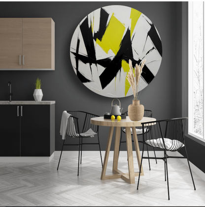 Zwart, wit en geel dynamisch abstract forex muurcirkel