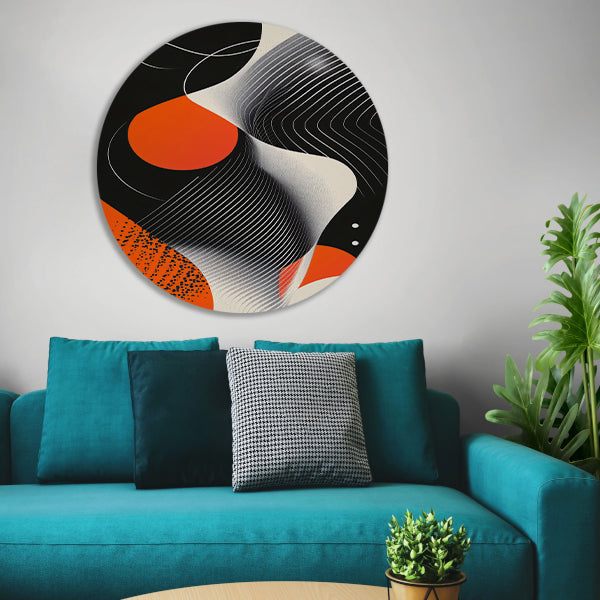 Abstract Vormen in Zwart, Wit en Oranje aluminium muurcirkel