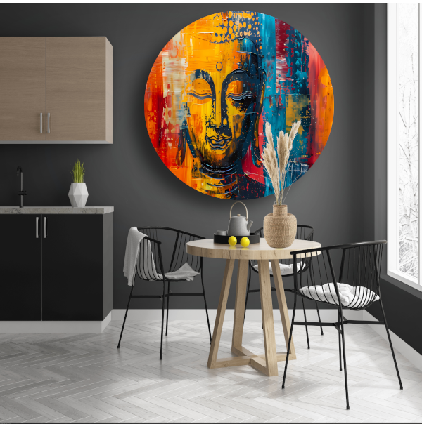 Abstracte Boeddha in Kleur met Dynamische Verf Stijlen aluminium muurcirkel