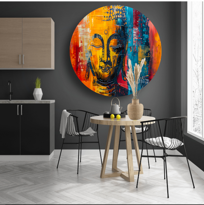 Abstracte Boeddha in Kleur met Dynamische Verf Stijlen aluminium muurcirkel