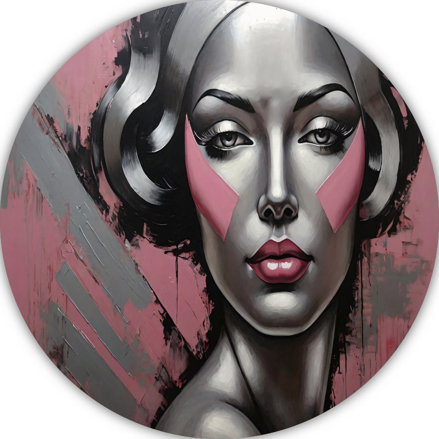 Abstracte Dame in Zilver en Roze Tinten aluminium muurcirkel