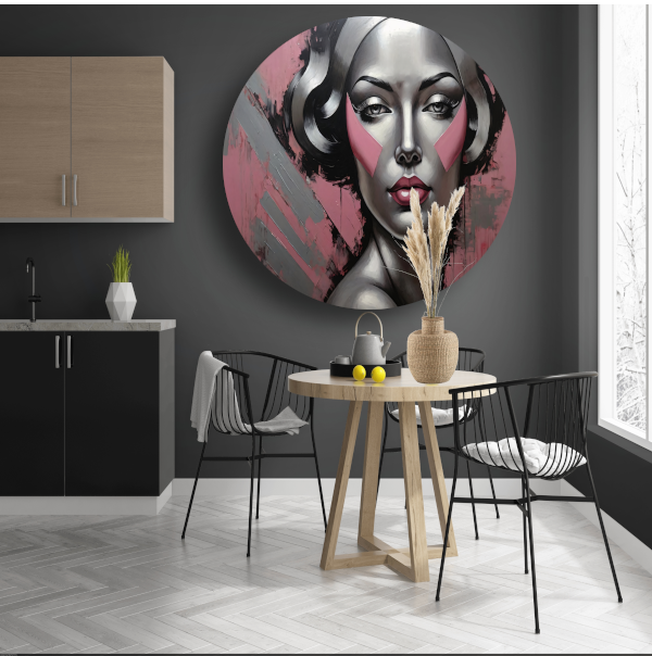 Abstracte Dame in Zilver en Roze Tinten forex muurcirkel