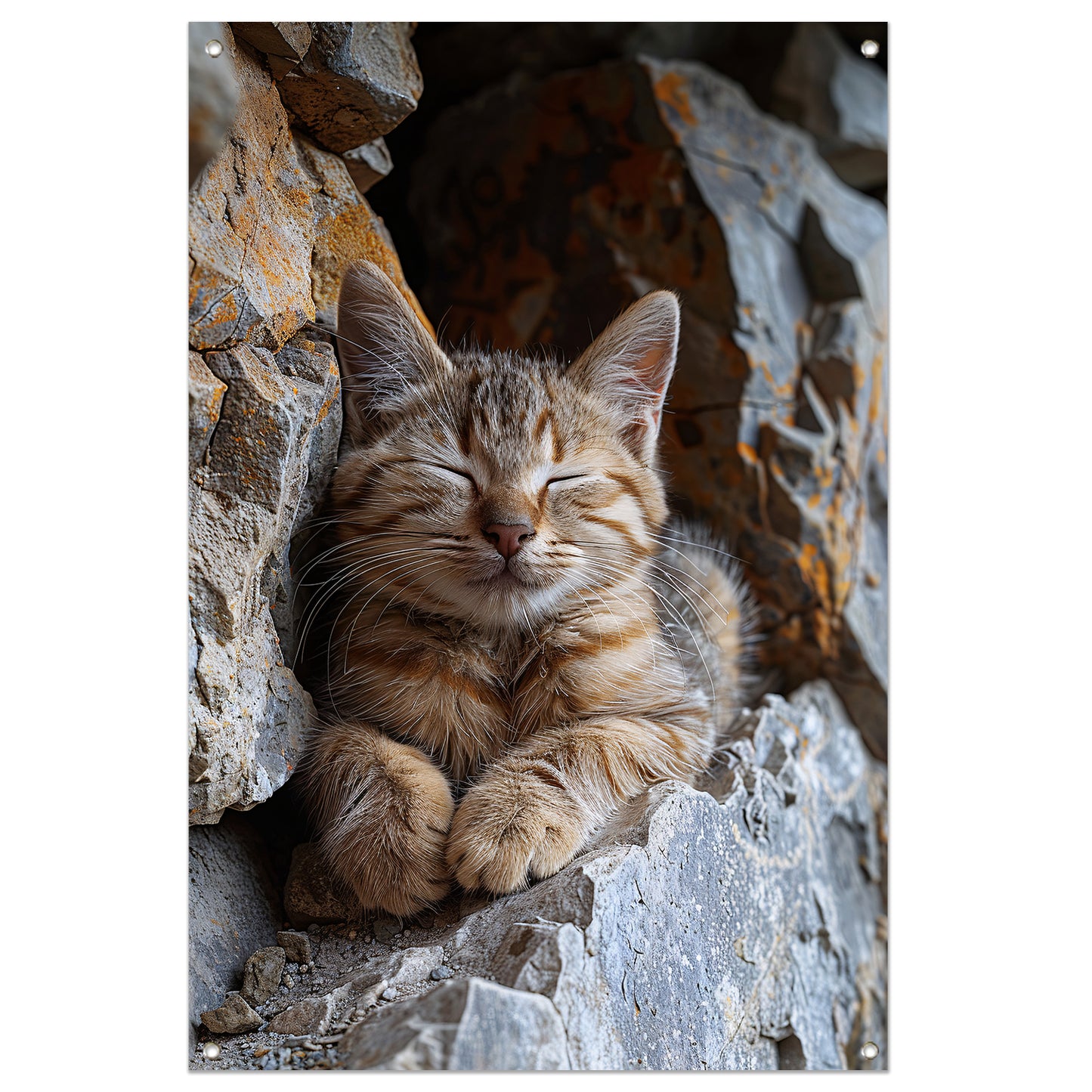 Jonge kat slaapt vredig tussen rotsen tuinposter