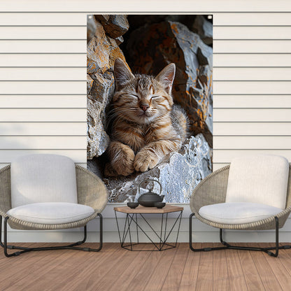 Jonge kat slaapt vredig tussen rotsen tuinposter