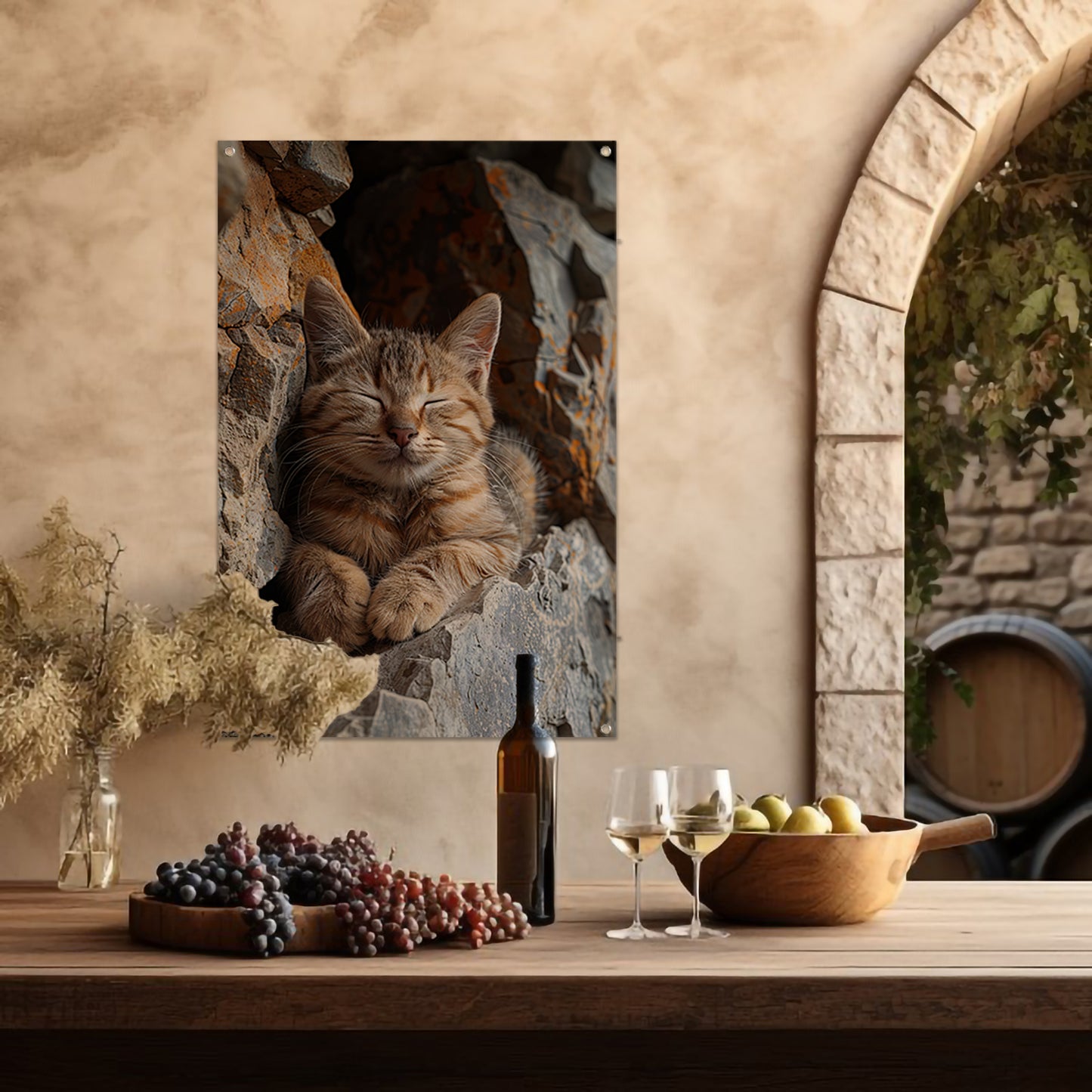 Jonge kat slaapt vredig tussen rotsen tuinposter