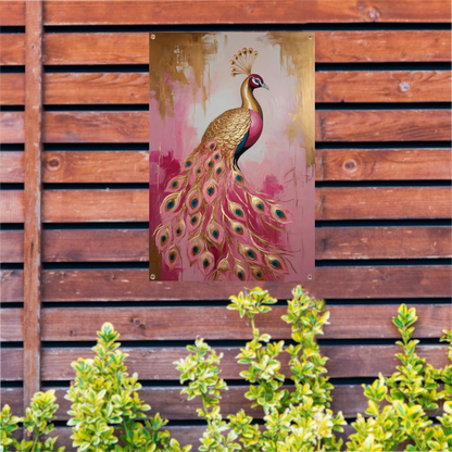 Elegante Gouden Pauw op Roze Achtergrond tuinposter