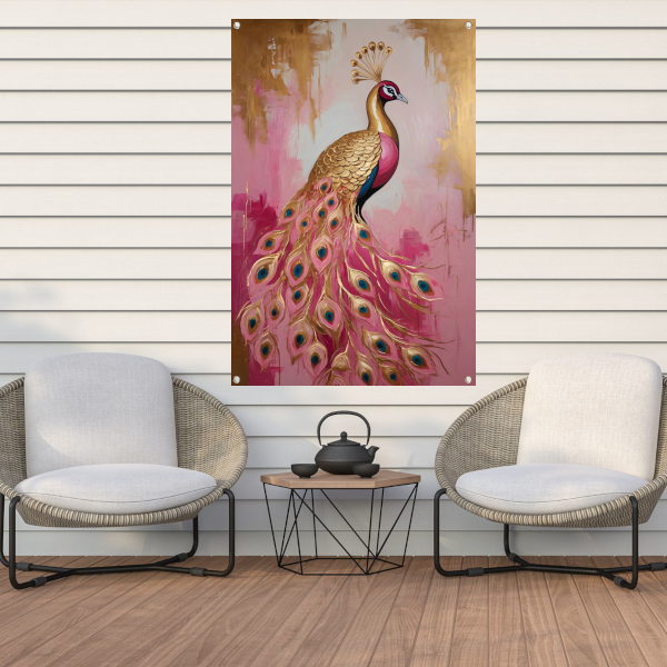 Elegante Gouden Pauw op Roze Achtergrond tuinposter