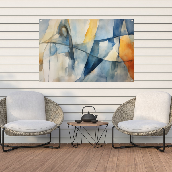 Aquarel compositie in blauw, geel en wit tuinposter