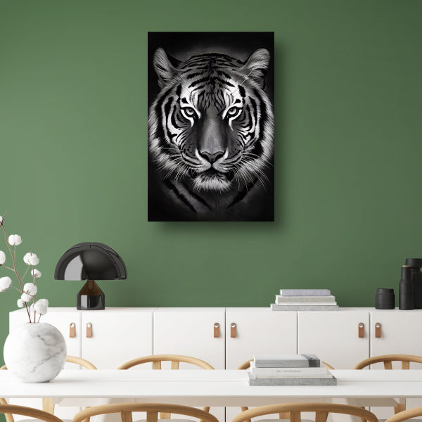 Monochroom Portret van een Majestueuze Tijger canvas met baklijst