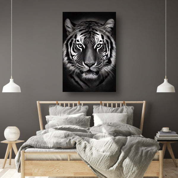 Monochroom Portret van een Majestueuze Tijger canvas met baklijst