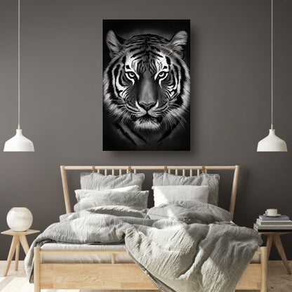 Monochroom Portret van een Majestueuze Tijger canvas met baklijst